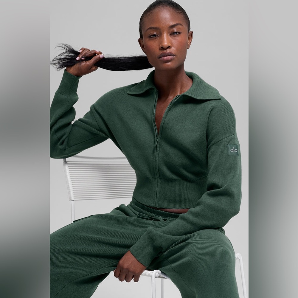 Alo Yoga Clover Green Scholar Knit Cropped Full Zip Jacket XS